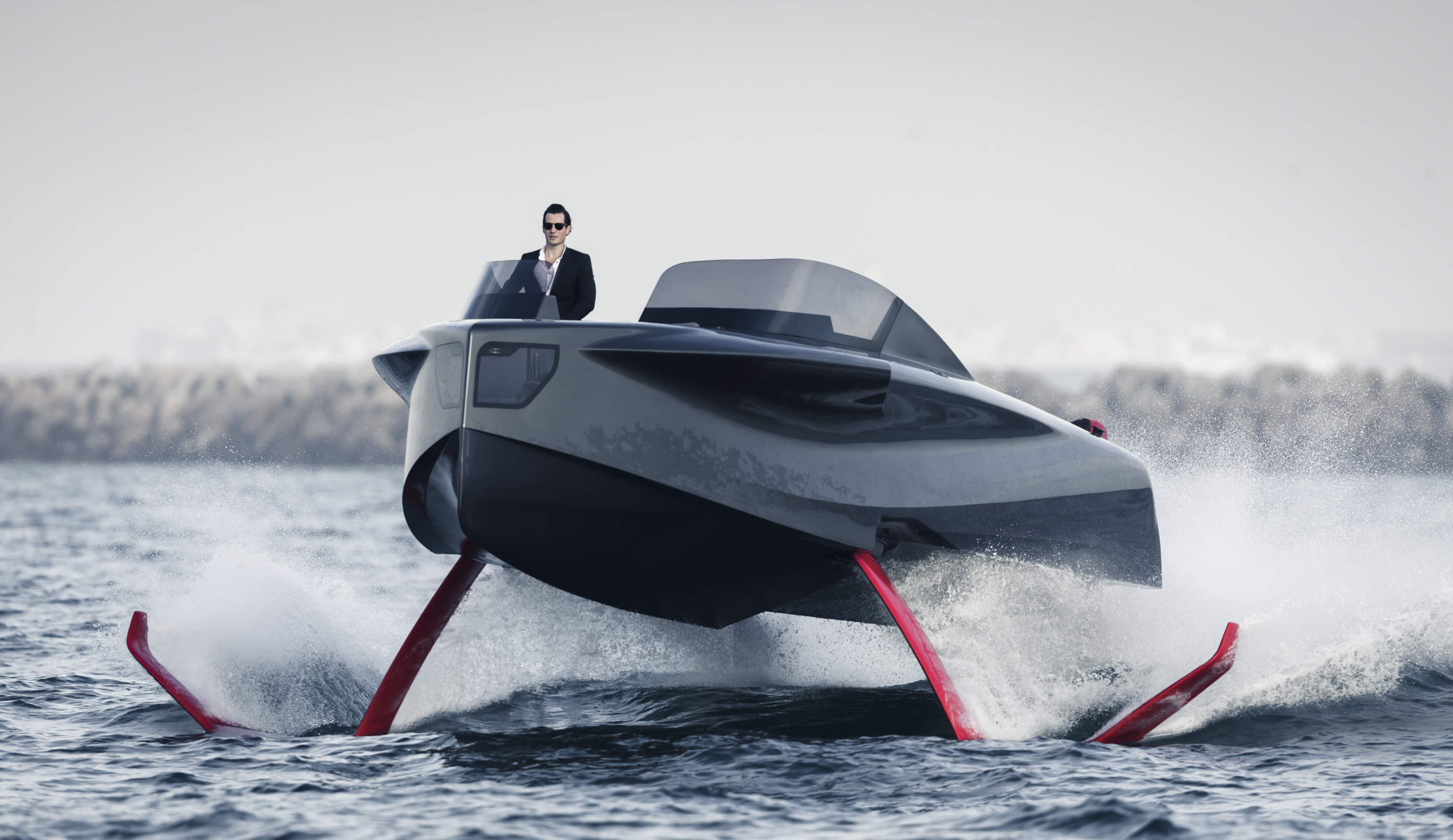 powerboat with fitted foiling